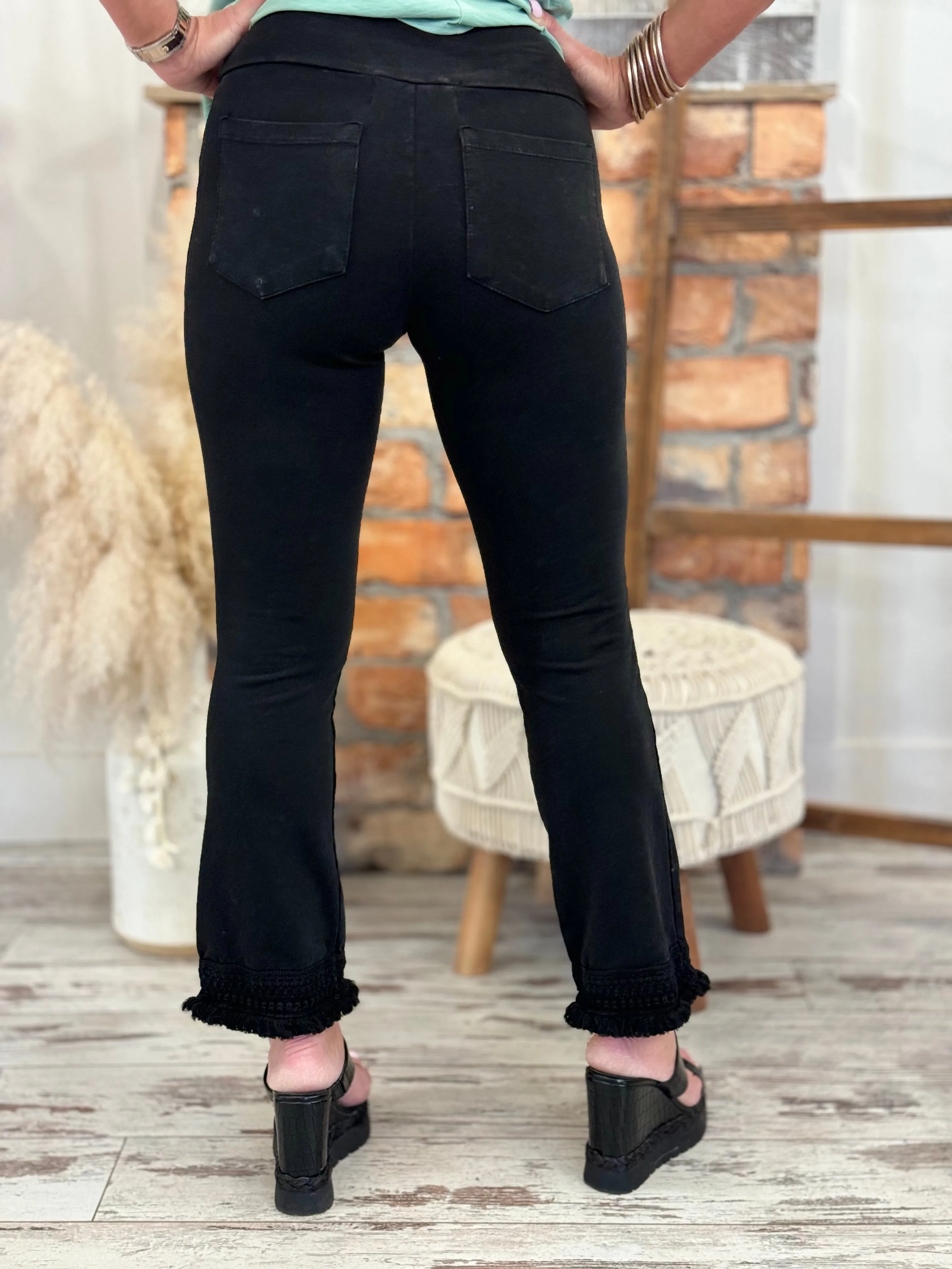 Washed Cropped Fringe Hem Pants in Black