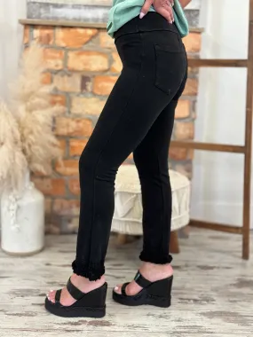 Washed Cropped Fringe Hem Pants in Black