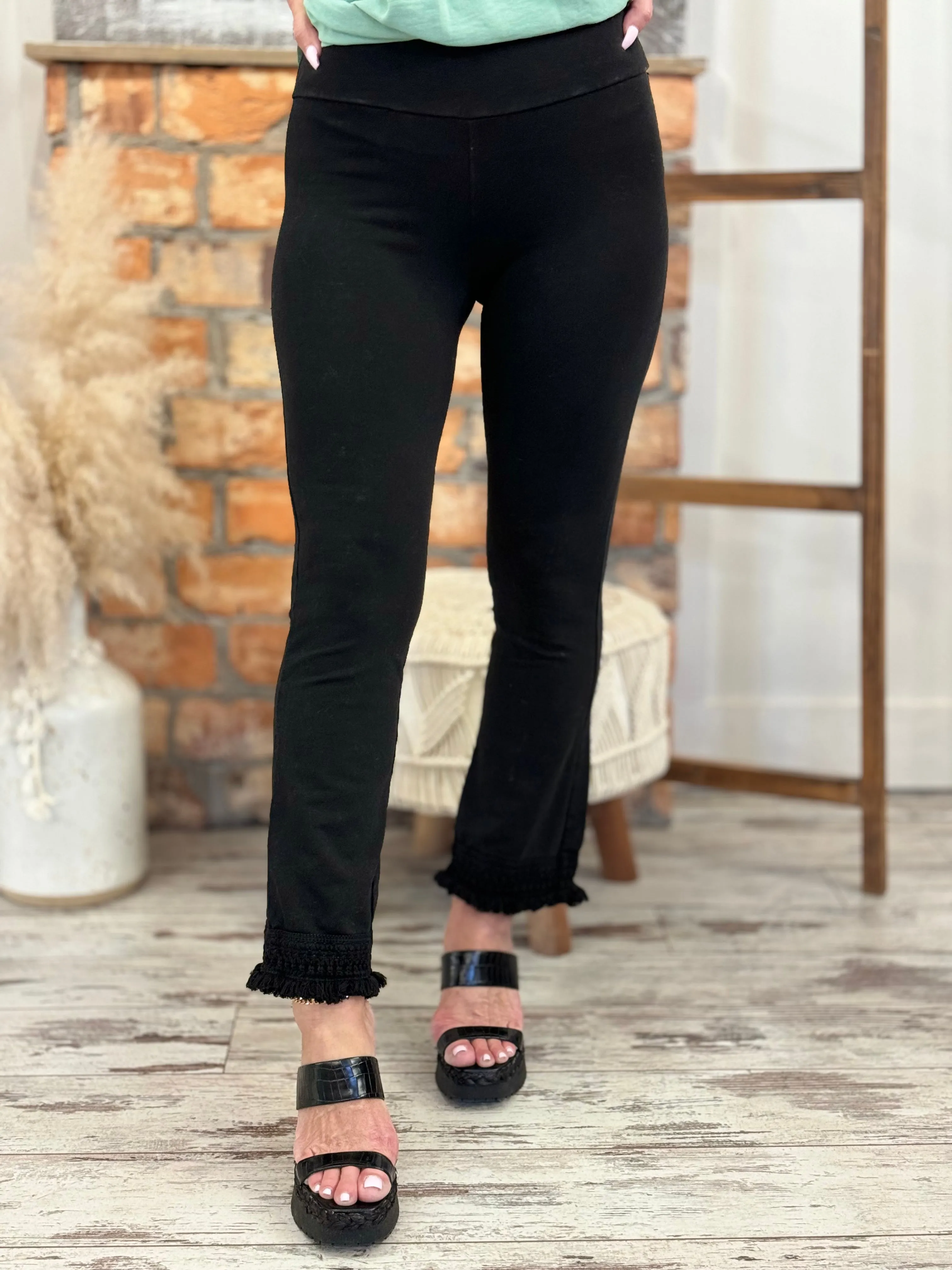 Washed Cropped Fringe Hem Pants in Black