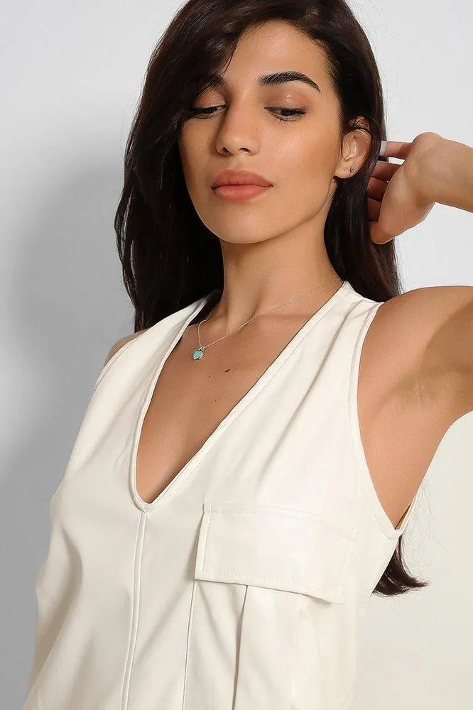 White Vegan Leather V-Neck Sleeveless Dress