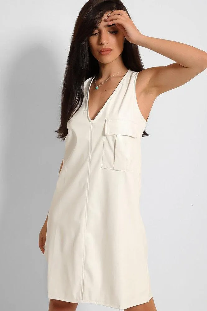 White Vegan Leather V-Neck Sleeveless Dress