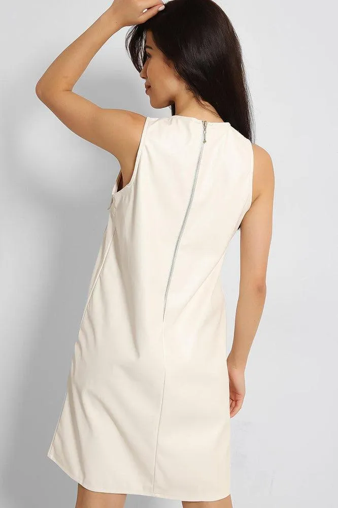 White Vegan Leather V-Neck Sleeveless Dress