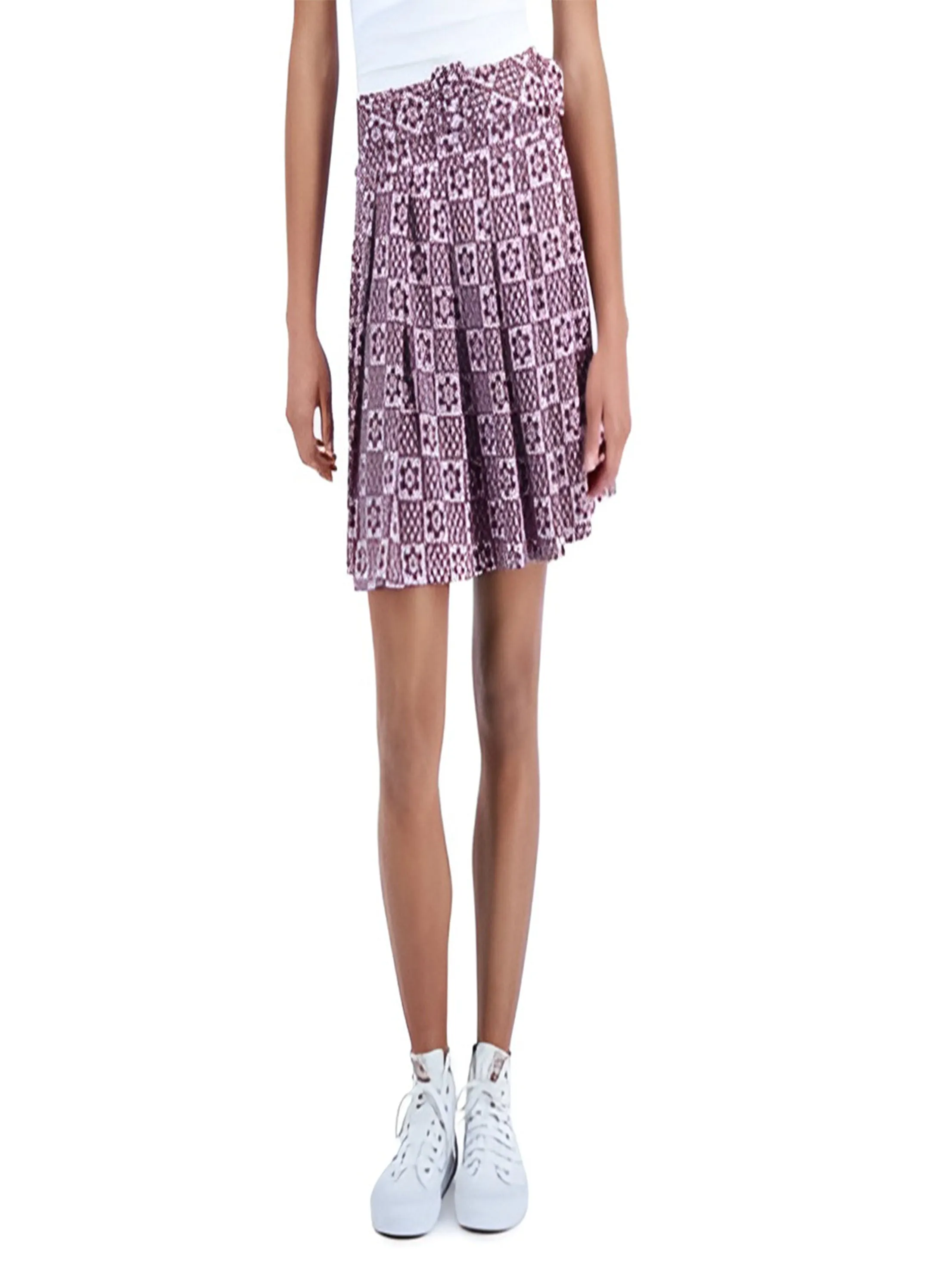Women's Belted Printed Pleated Skirt,Purple