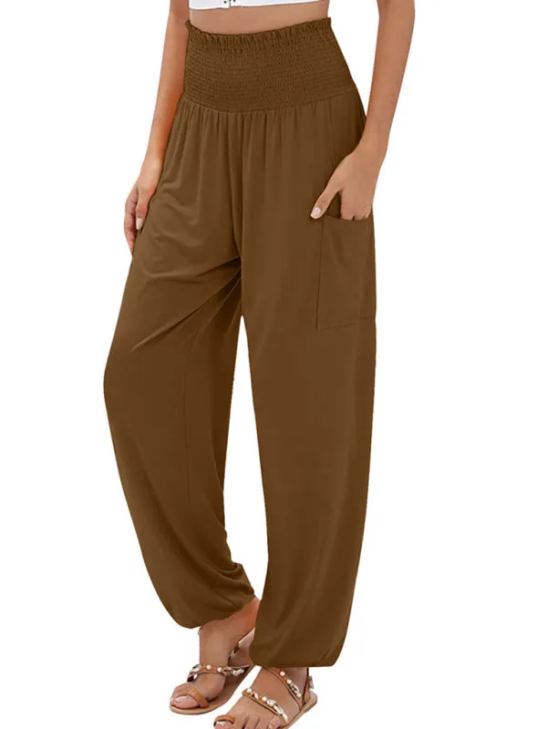 Women's Wide Smocked Waistband Pants - Solid Wide-Leg Trousers