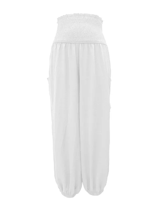 Women's Wide Smocked Waistband Pants - Solid Wide-Leg Trousers
