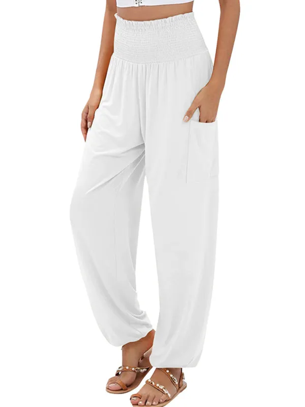 Women's Wide Smocked Waistband Pants - Solid Wide-Leg Trousers