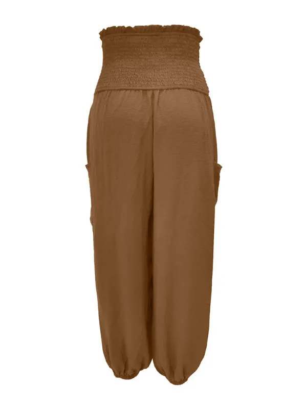 Women's Wide Smocked Waistband Pants - Solid Wide-Leg Trousers