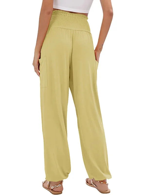 Women's Wide Smocked Waistband Pants - Solid Wide-Leg Trousers