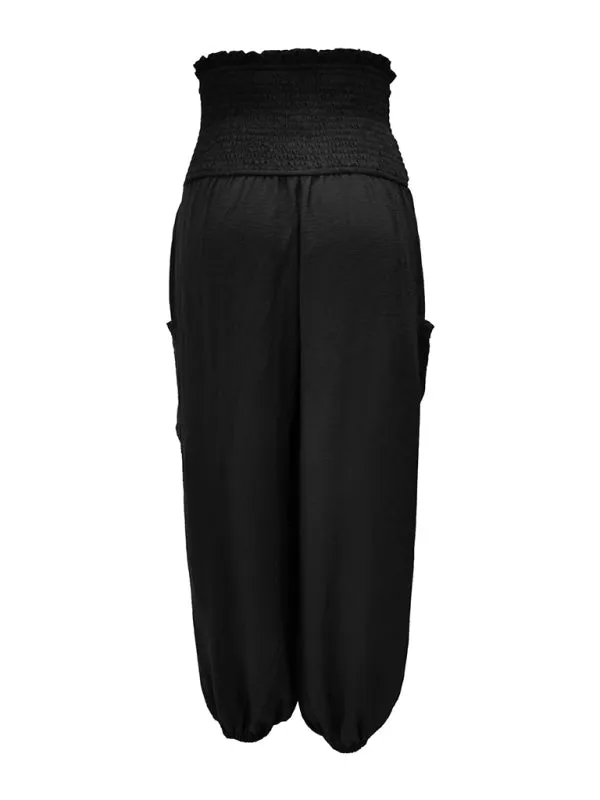 Women's Wide Smocked Waistband Pants - Solid Wide-Leg Trousers