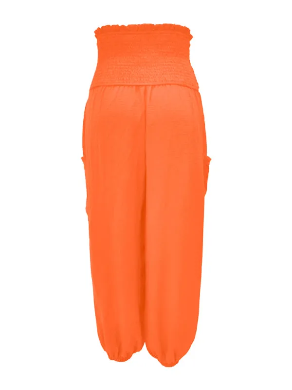 Women's Wide Smocked Waistband Pants - Solid Wide-Leg Trousers