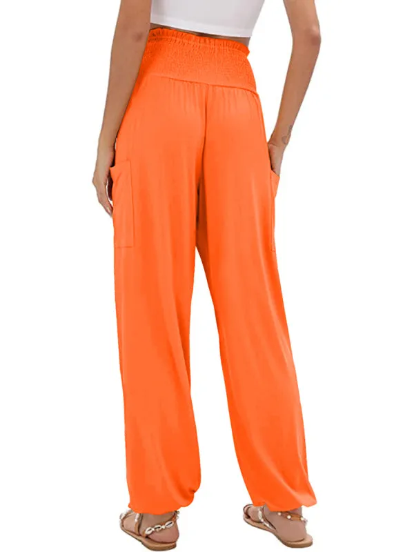 Women's Wide Smocked Waistband Pants - Solid Wide-Leg Trousers