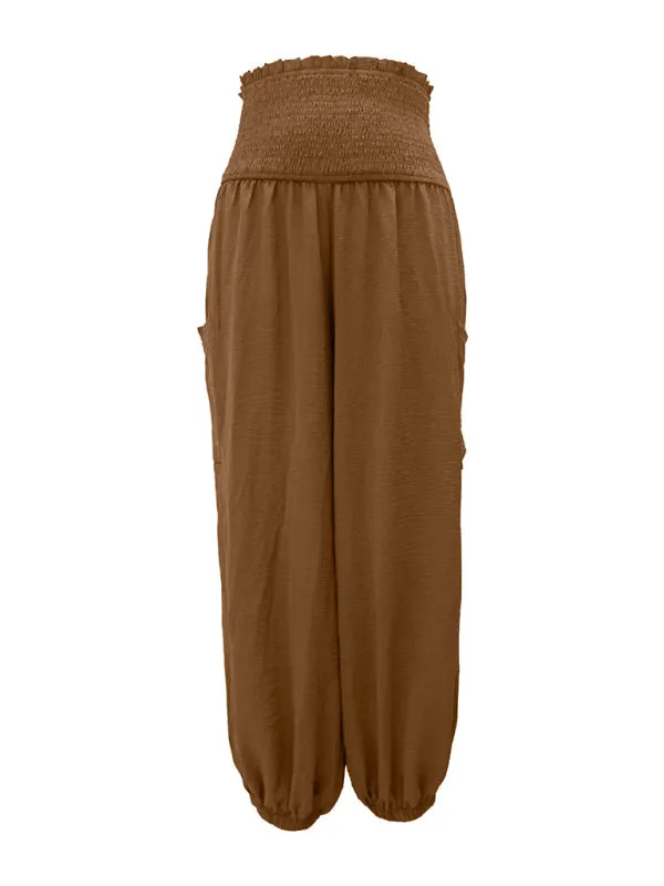 Women's Wide Smocked Waistband Pants - Solid Wide-Leg Trousers