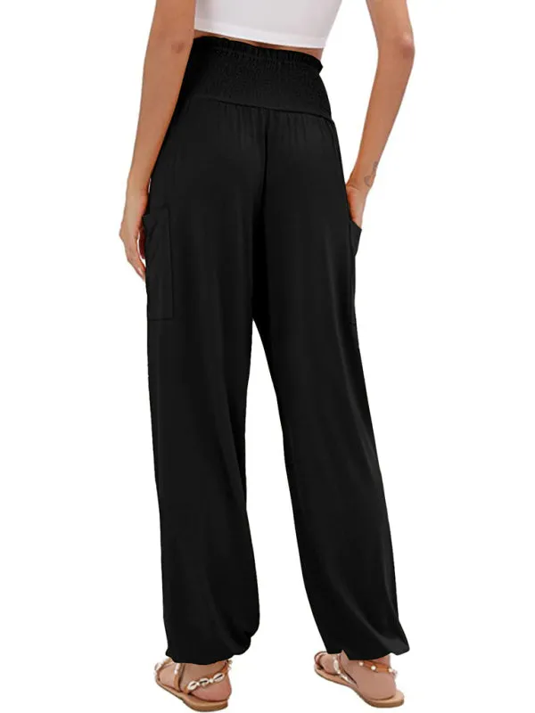 Women's Wide Smocked Waistband Pants - Solid Wide-Leg Trousers