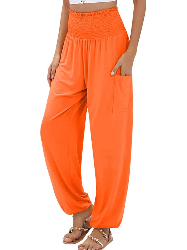 Women's Wide Smocked Waistband Pants - Solid Wide-Leg Trousers
