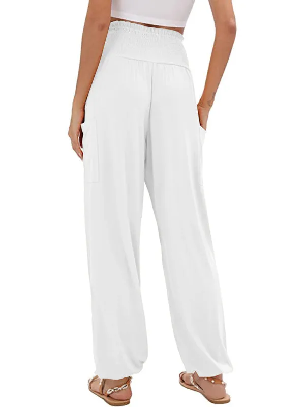 Women's Wide Smocked Waistband Pants - Solid Wide-Leg Trousers