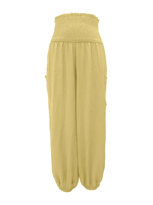 Women's Wide Smocked Waistband Pants - Solid Wide-Leg Trousers