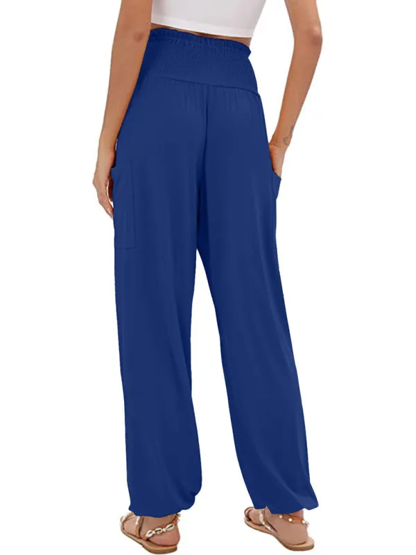Women's Wide Smocked Waistband Pants - Solid Wide-Leg Trousers
