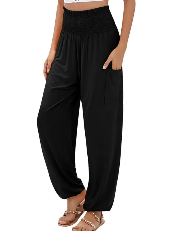 Women's Wide Smocked Waistband Pants - Solid Wide-Leg Trousers
