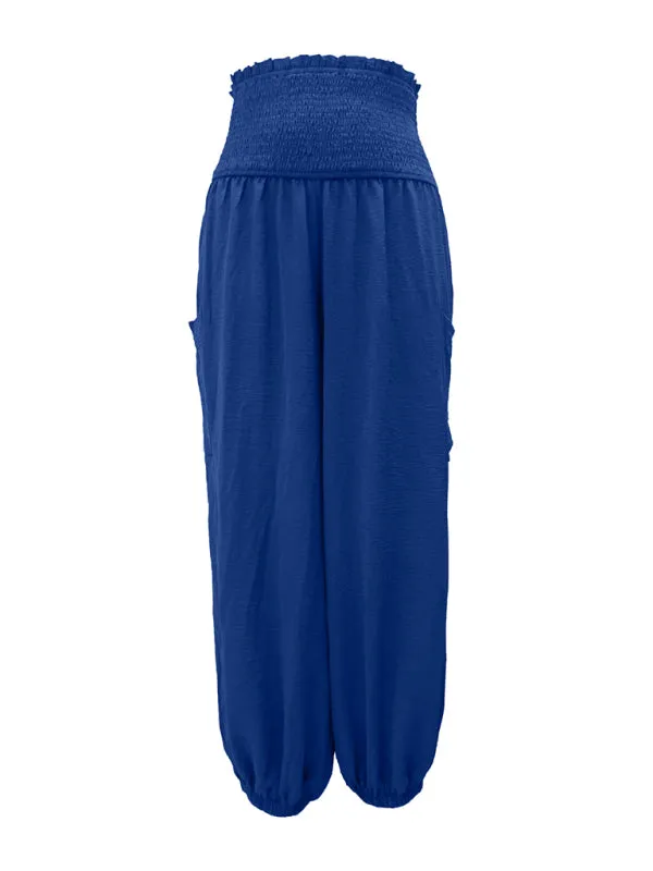 Women's Wide Smocked Waistband Pants - Solid Wide-Leg Trousers