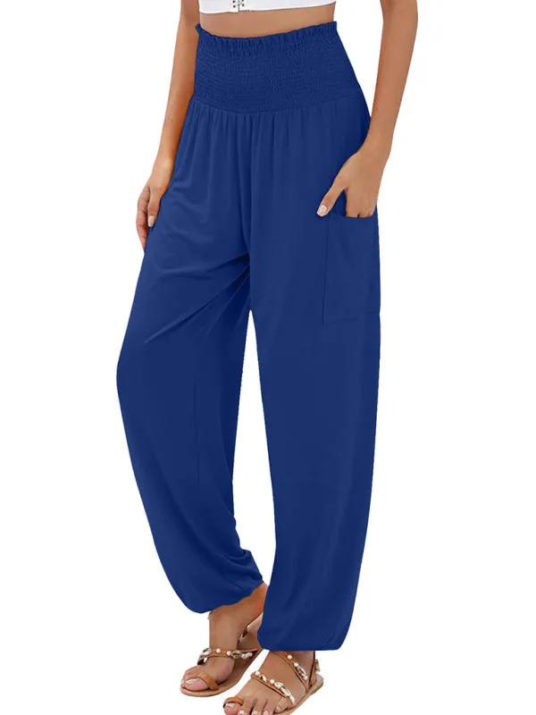 Women's Wide Smocked Waistband Pants - Solid Wide-Leg Trousers