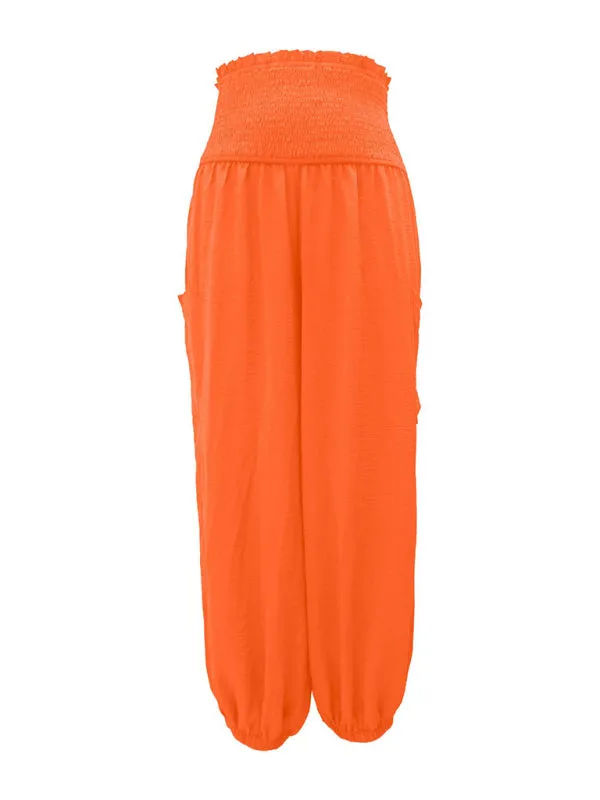Women's Wide Smocked Waistband Pants - Solid Wide-Leg Trousers
