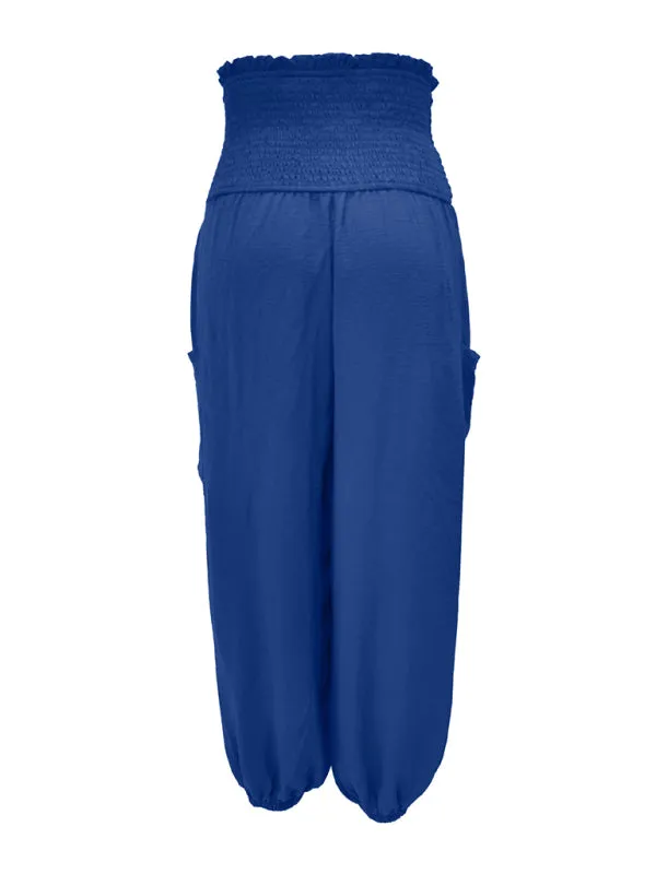 Women's Wide Smocked Waistband Pants - Solid Wide-Leg Trousers