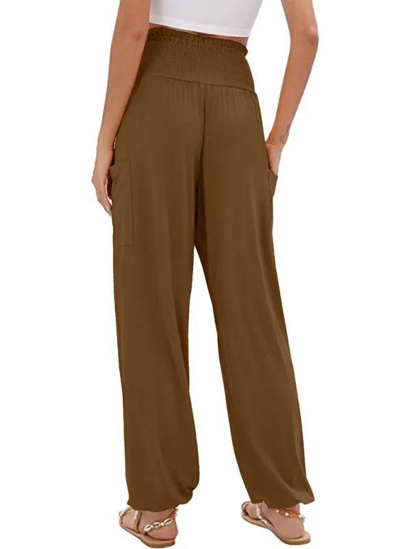 Women's Wide Smocked Waistband Pants - Solid Wide-Leg Trousers