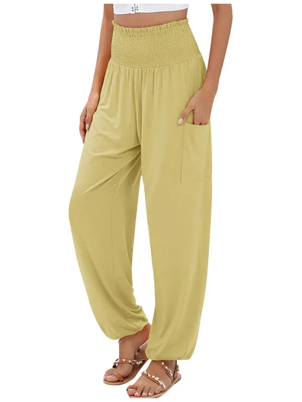 Women's Wide Smocked Waistband Pants - Solid Wide-Leg Trousers