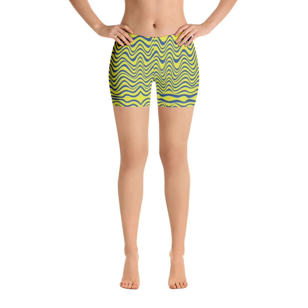 Yellow Curvy Women's Shorts, Wavy Blue Yellow Abstract Ladies' Gym Tights-Made in USA/EU