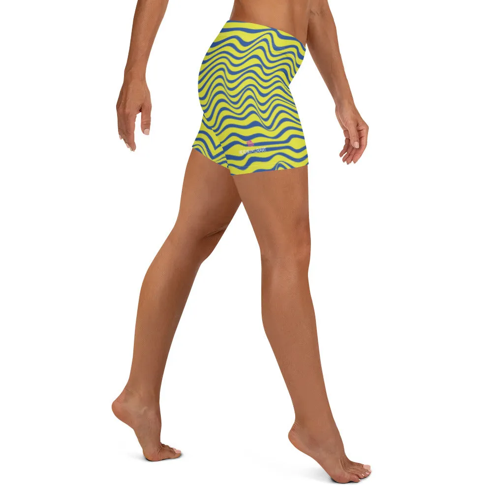 Yellow Curvy Women's Shorts, Wavy Blue Yellow Abstract Ladies' Gym Tights-Made in USA/EU