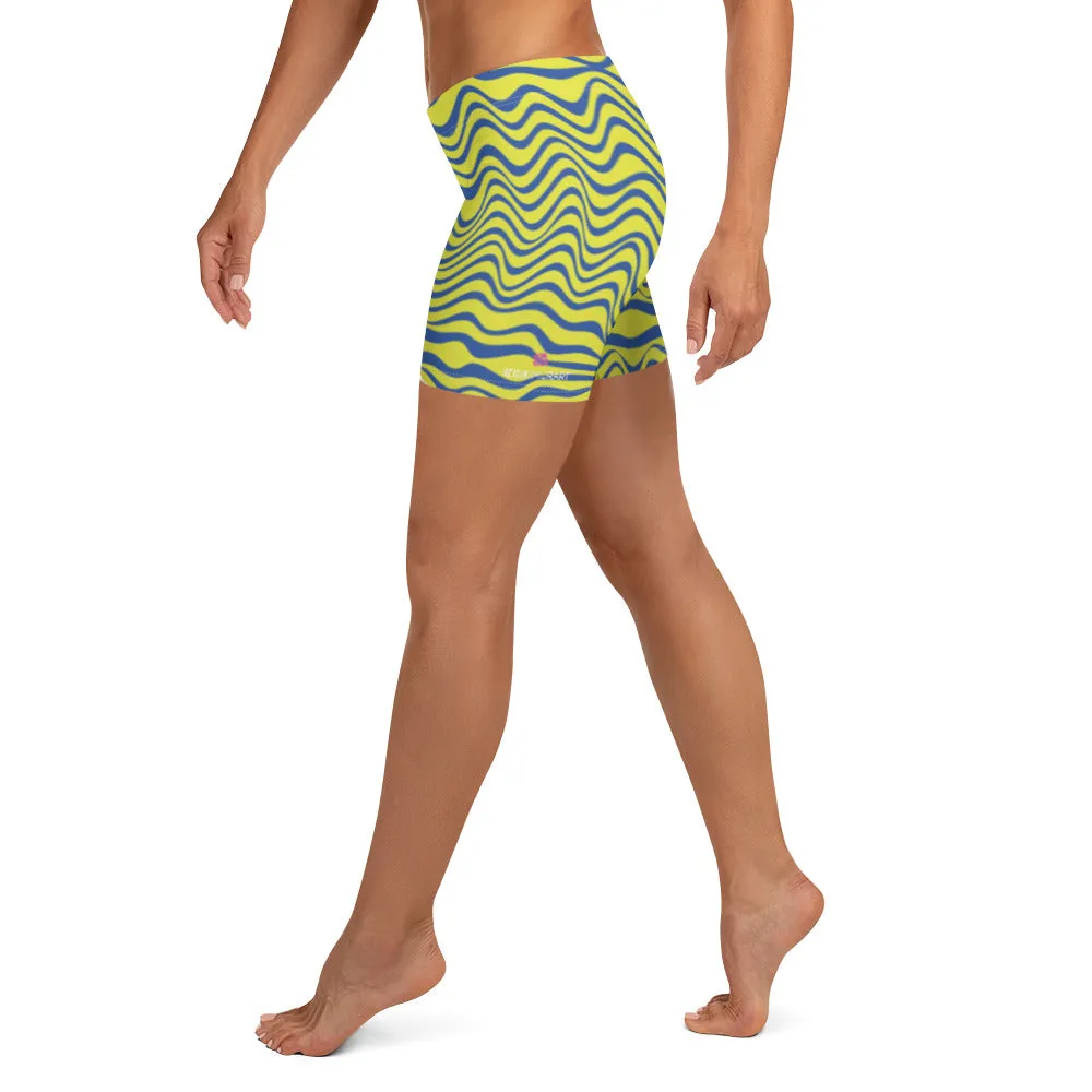 Yellow Curvy Women's Shorts, Wavy Blue Yellow Abstract Ladies' Gym Tights-Made in USA/EU