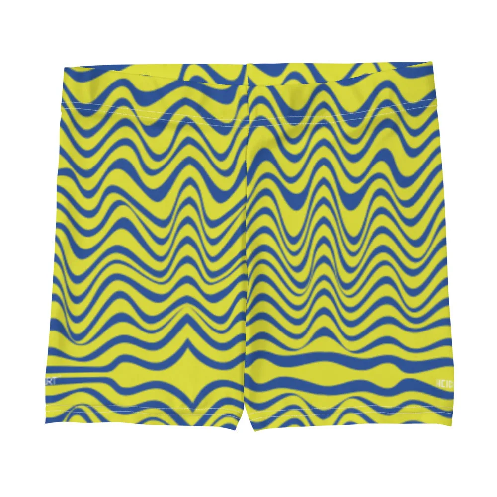 Yellow Curvy Women's Shorts, Wavy Blue Yellow Abstract Ladies' Gym Tights-Made in USA/EU