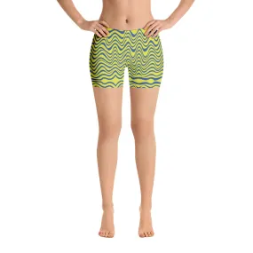 Yellow Curvy Women's Shorts, Wavy Blue Yellow Abstract Ladies' Gym Tights-Made in USA/EU