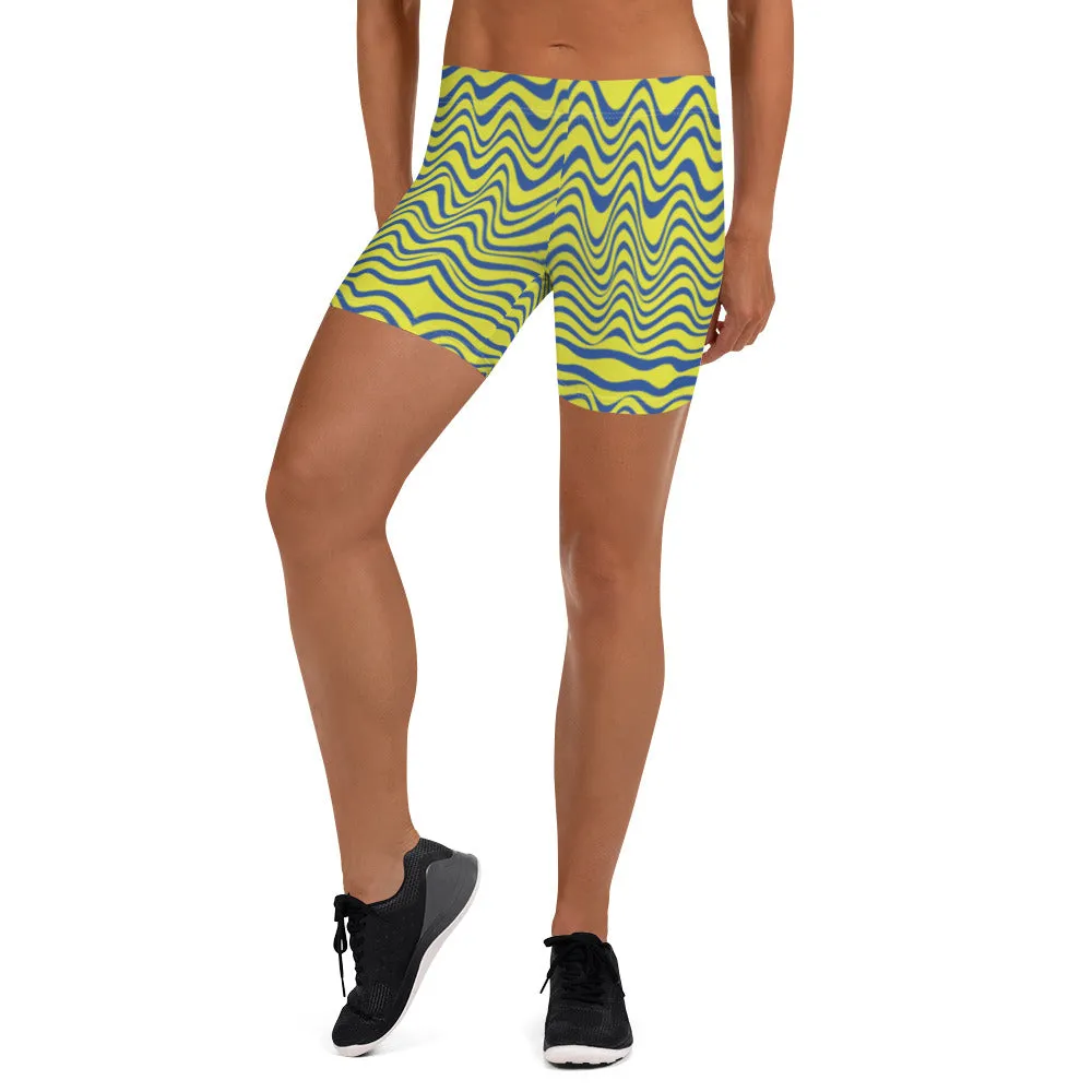 Yellow Curvy Women's Shorts, Wavy Blue Yellow Abstract Ladies' Gym Tights-Made in USA/EU