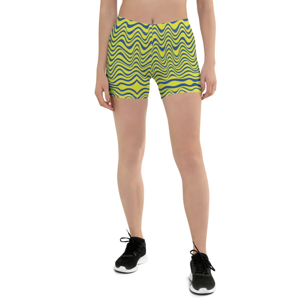 Yellow Curvy Women's Shorts, Wavy Blue Yellow Abstract Ladies' Gym Tights-Made in USA/EU