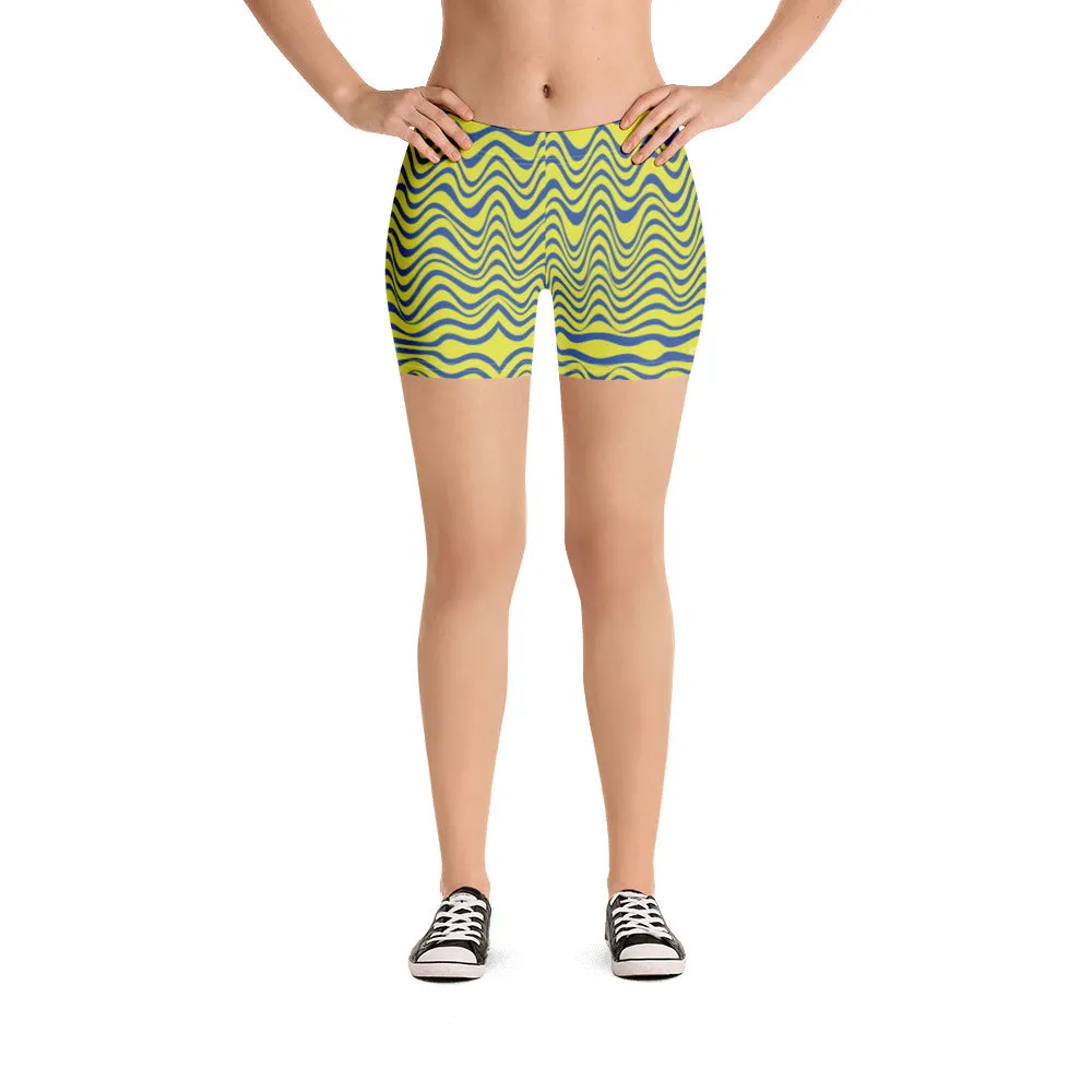 Yellow Curvy Women's Shorts, Wavy Blue Yellow Abstract Ladies' Gym Tights-Made in USA/EU