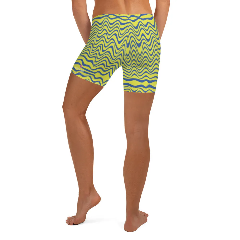 Yellow Curvy Women's Shorts, Wavy Blue Yellow Abstract Ladies' Gym Tights-Made in USA/EU