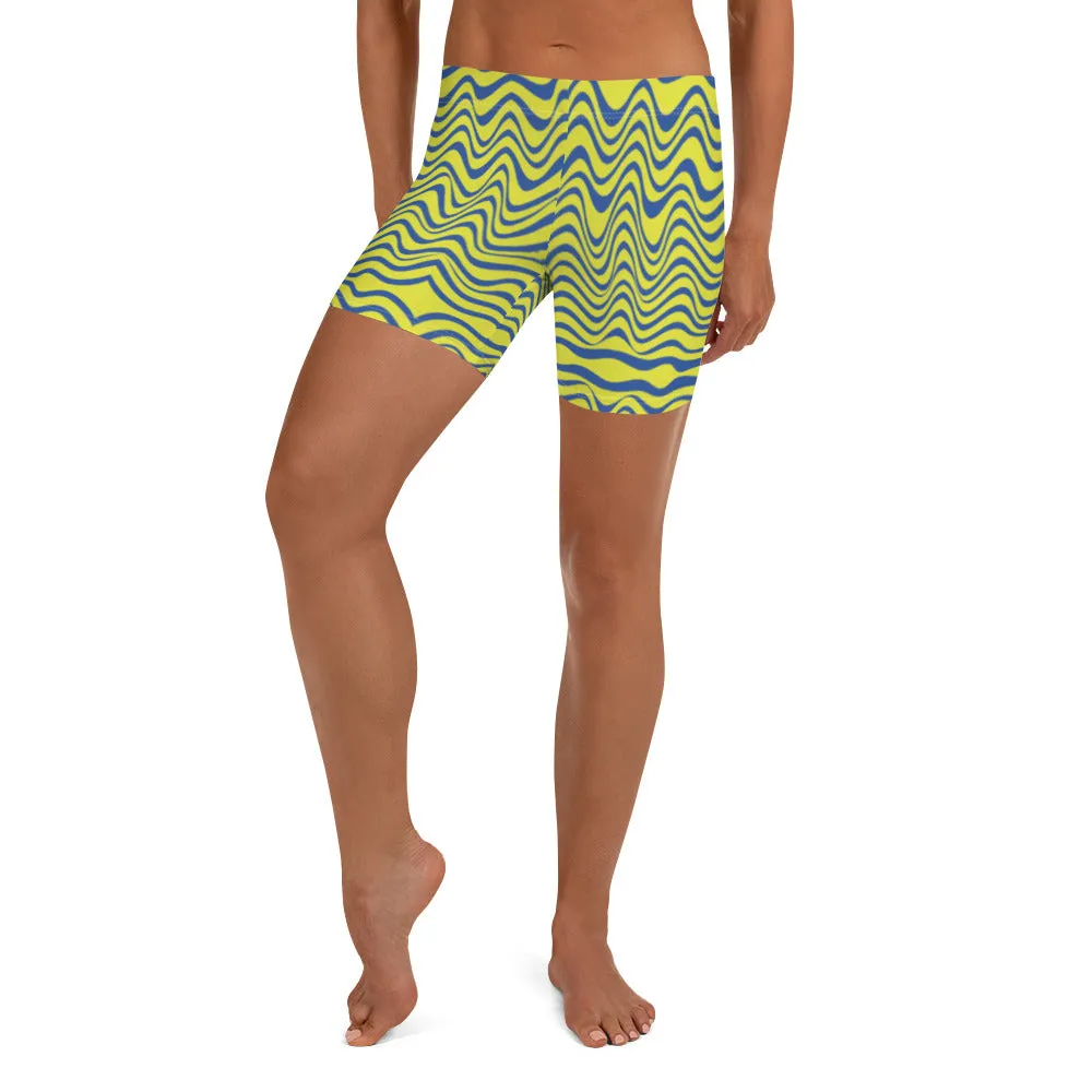 Yellow Curvy Women's Shorts, Wavy Blue Yellow Abstract Ladies' Gym Tights-Made in USA/EU